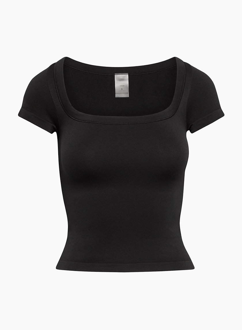 Black Seamless T-Shirt Crop Short Sleeve Square Neck