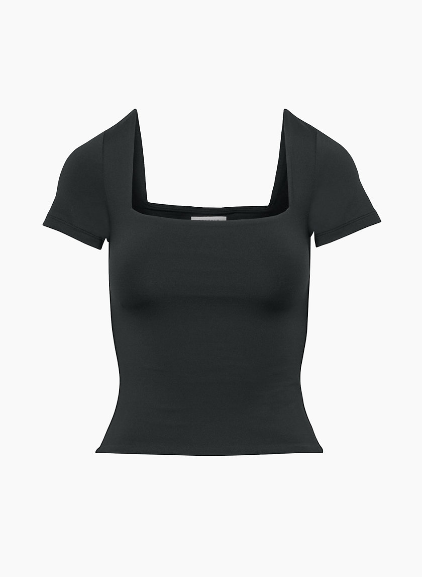 size XL] black square neck short sleeve crop top with built in bra
