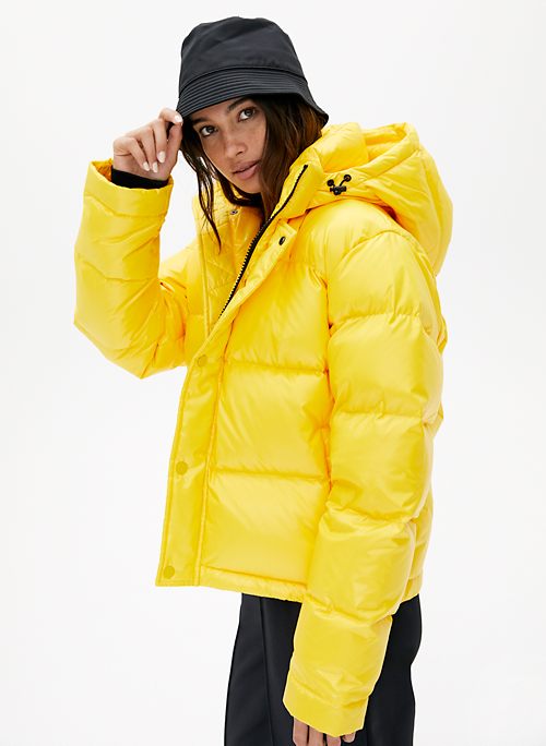 yellow long puffer coat