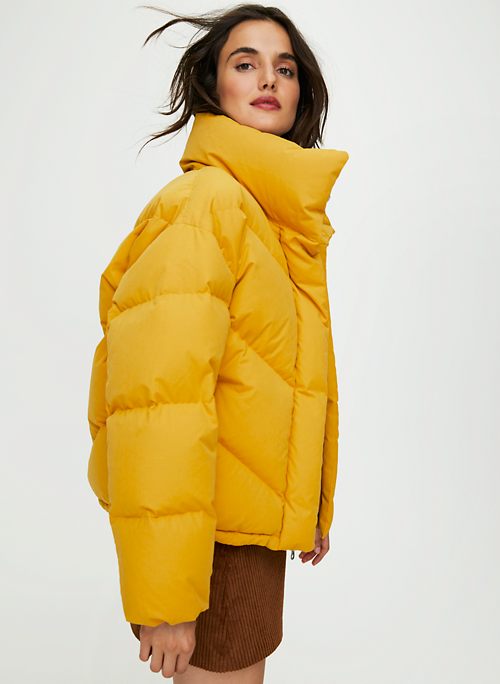 yellow long puffer coat