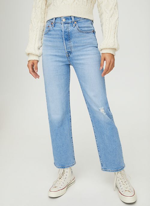 levi's ribcage light wash distressed straight ankle jeans