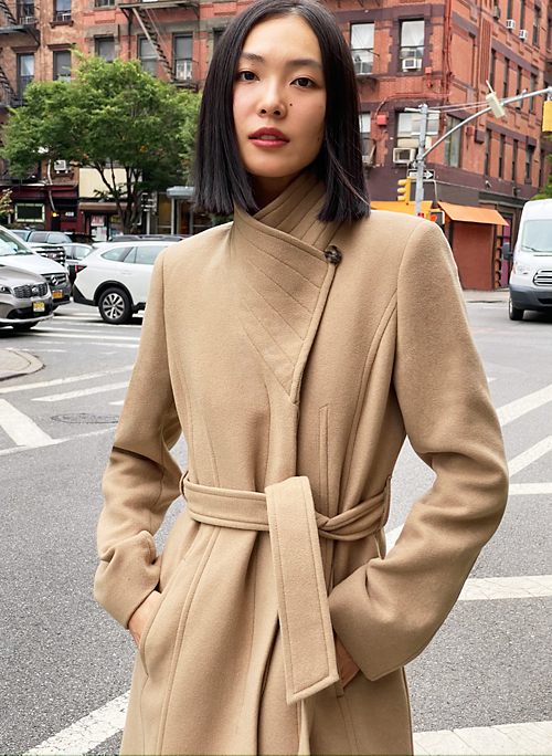 tan belted wool coat