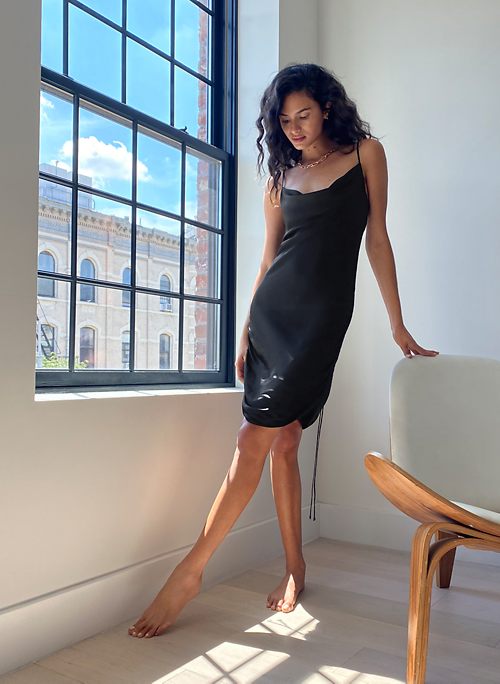 black ruched slip dress