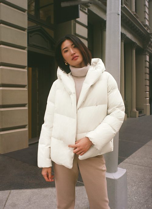 white fur puffer jacket