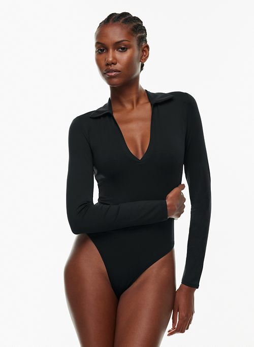 Laura Bodysuit - Longsleeve Velvet Burn Out Bodysuit in Black