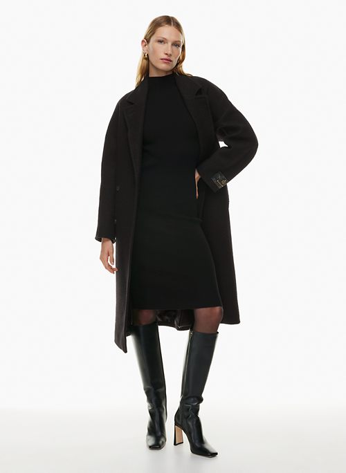 womens black long wool trench coat for winter with hood 1638