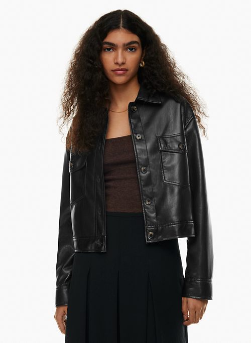 Womens Faux-Leather Cropped Jacket Zip Short Coat Shirt Long