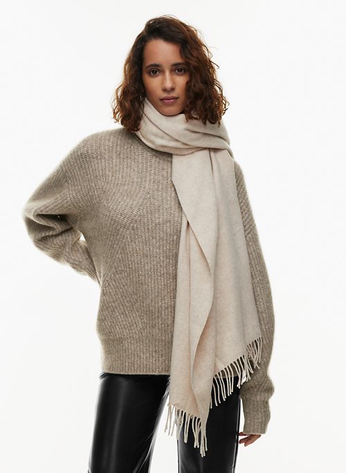 Neutral Layers: Camel sweater, Tunic button-down & Wrap scarf