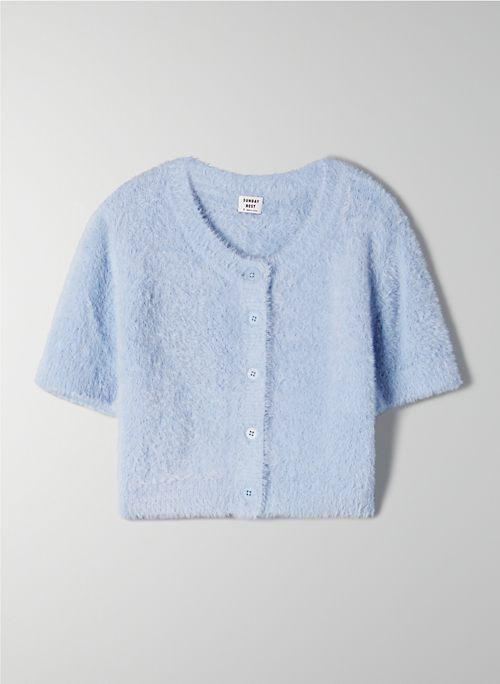 blue fuzzy cardigan