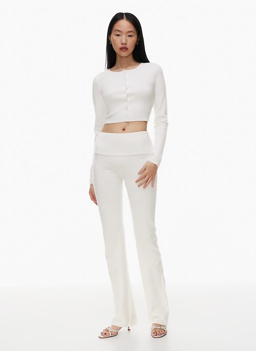 White High Neck Crop Top & Flare Pants Set, Jersey Sets