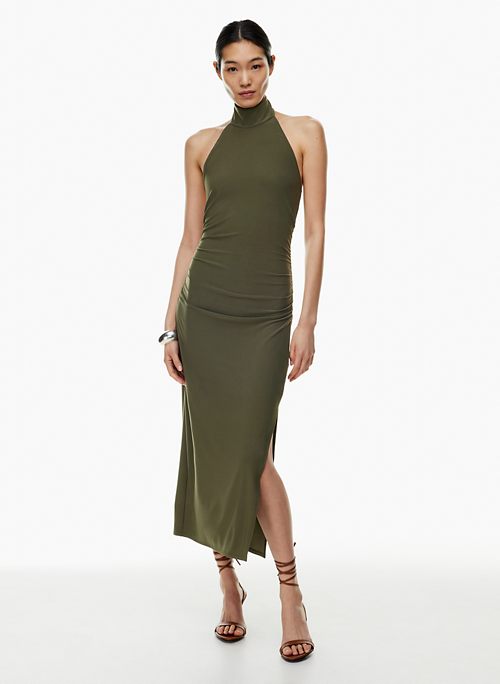 Olive Green Ribbed Knit Halter Off Shoulder Wrap Around Slit Skirt