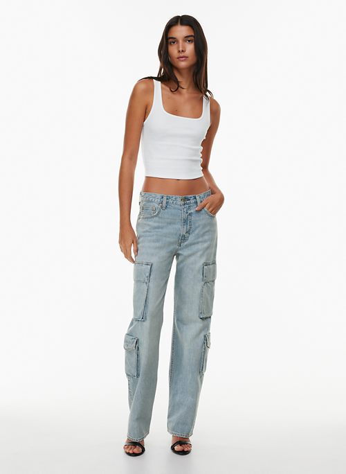 Women's Low-Rise Medium Wash Cargo Baggy Jeans, Women's Bottoms