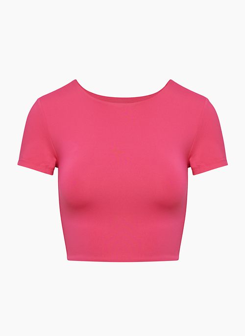 Women's Loose-fitting Crop Top - Long Puffy Sleeves and Straight-cut  Neckline / Pink