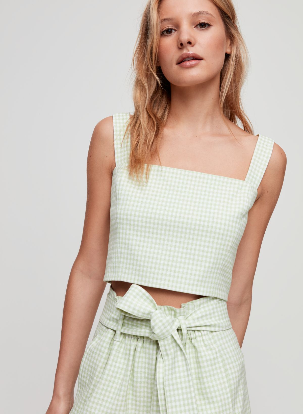 Linen-Cotton Square-Neck Button-Front Top in Gingham Check