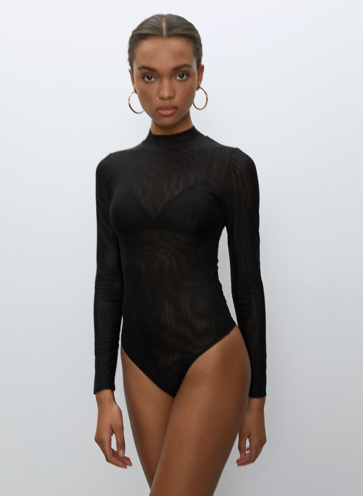 Black Mesh Bodysuit With Opaque Jersey Layers Sexy Sheer Bodysuit 