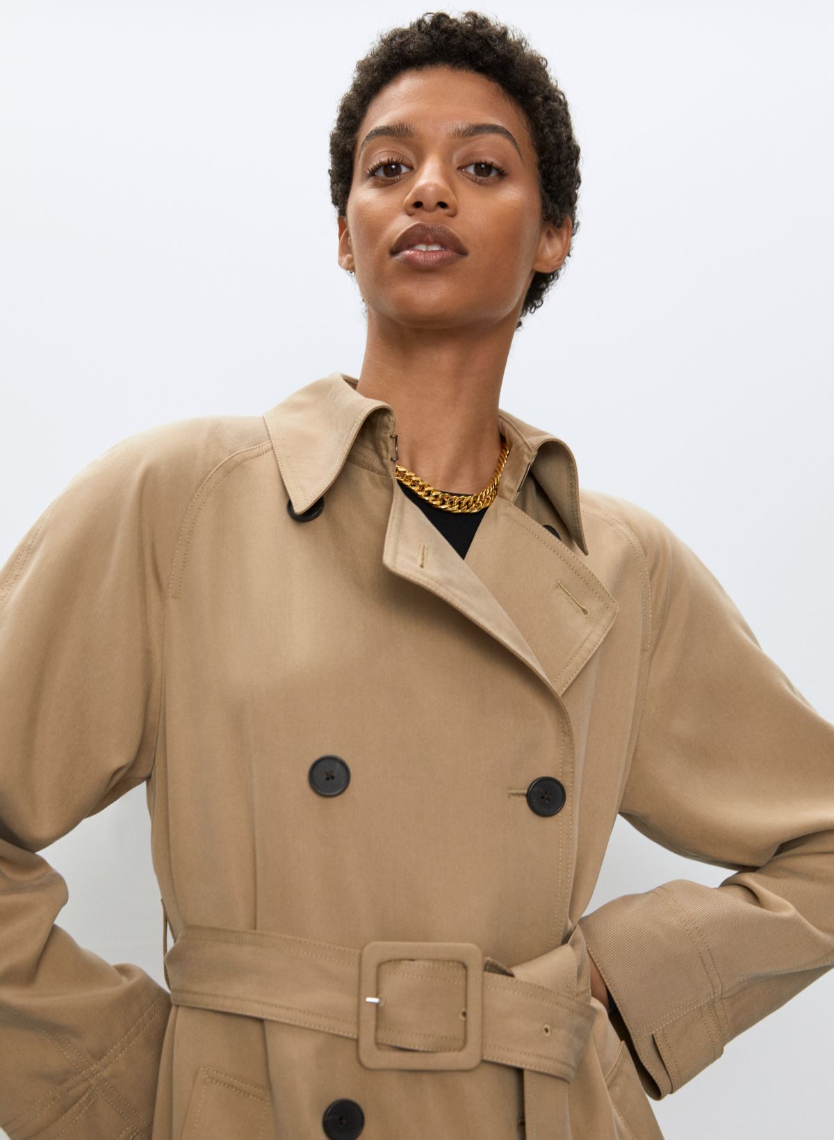 Belted Trench Coat with Criss Cross Collar