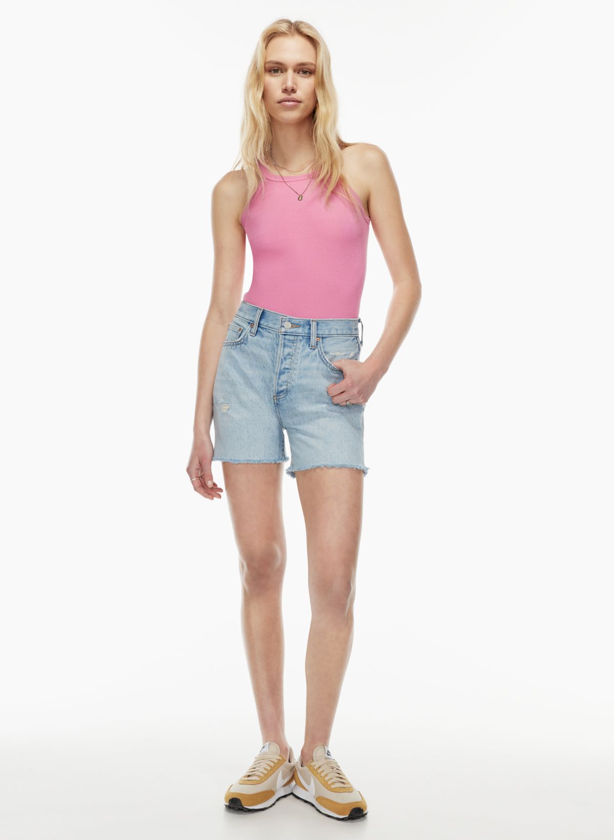 THE YOKO HI-RISE MID-THIGH DENIM SHORT