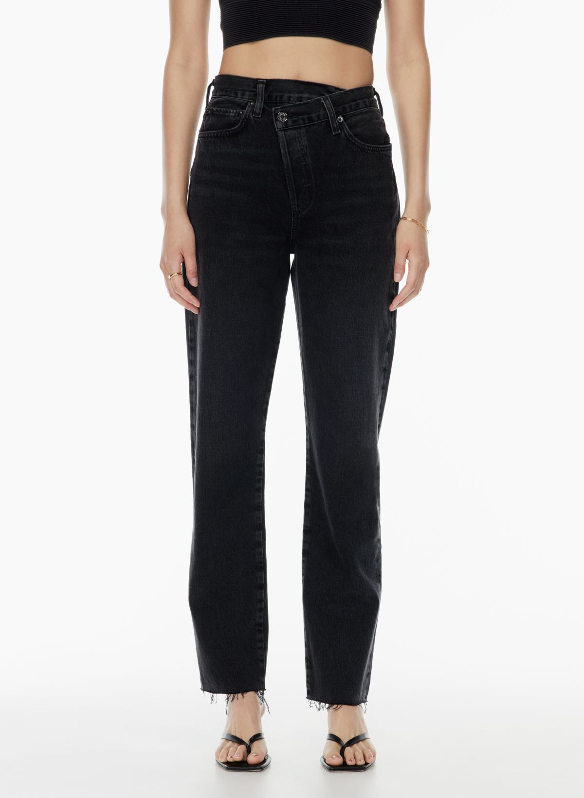 Topshop mid rise straight jeans with raw hem in black