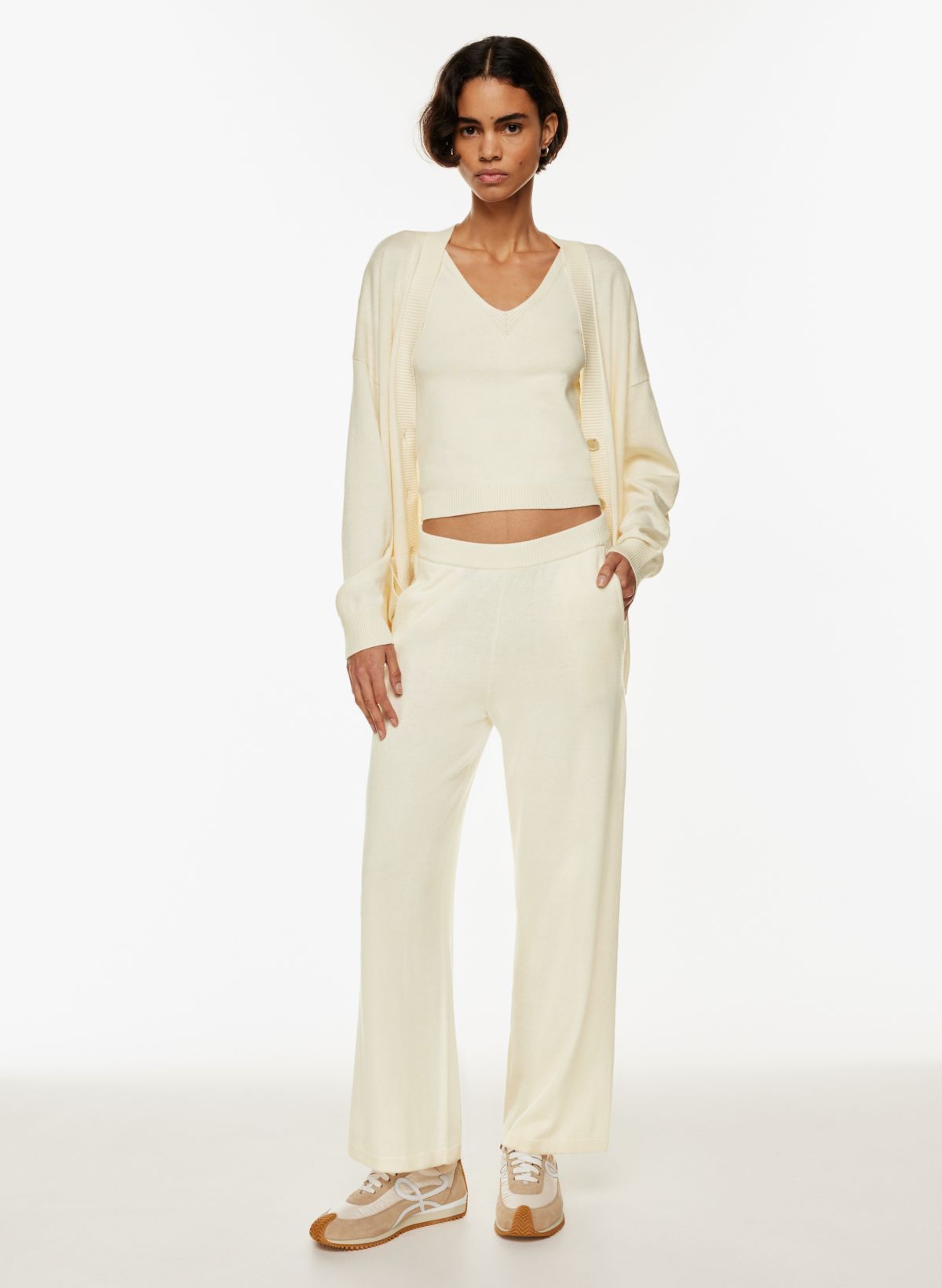 Topshop wide-leg soft ribbed trousers in beige