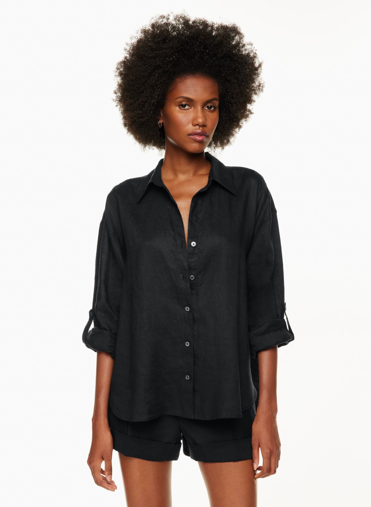 womens black linen button down shirt