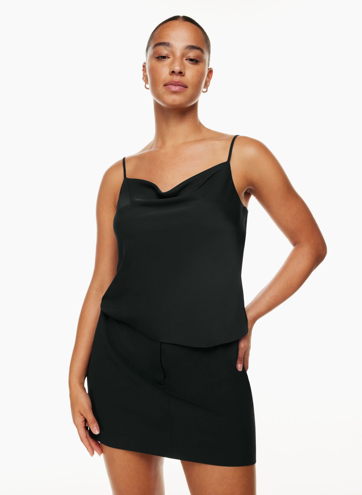 Cowl neck satin cami in black –