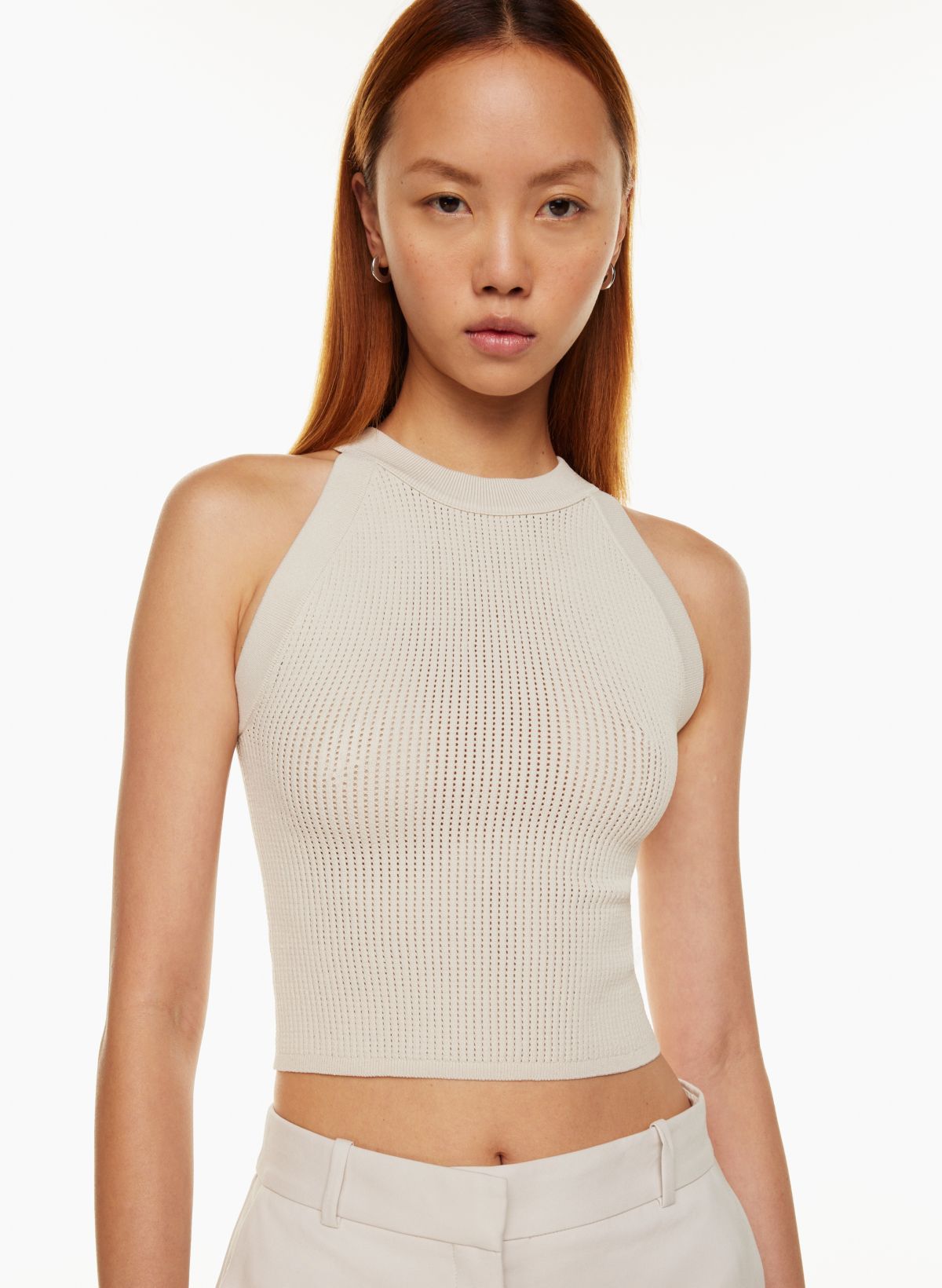 Ribbed Knit Seamless Halter Neck Crop Tank Top (White, SM) 