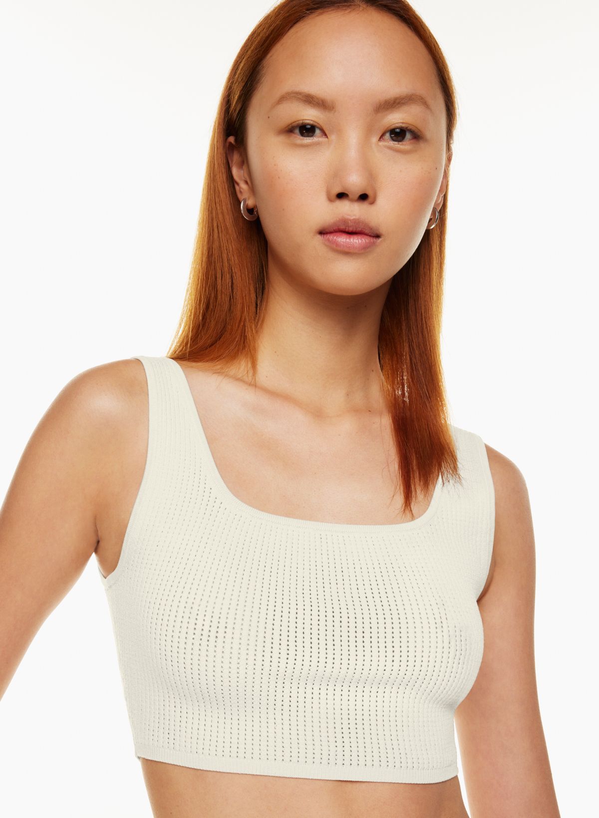 White Crop Tank Square Neck Cotton Blend Rib