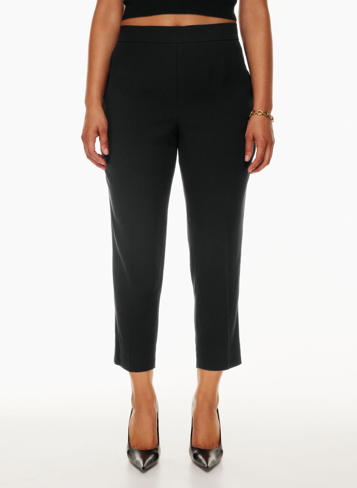 Size 8 White Stripe Black Formal Pants Mid Waist Elastic Cropped