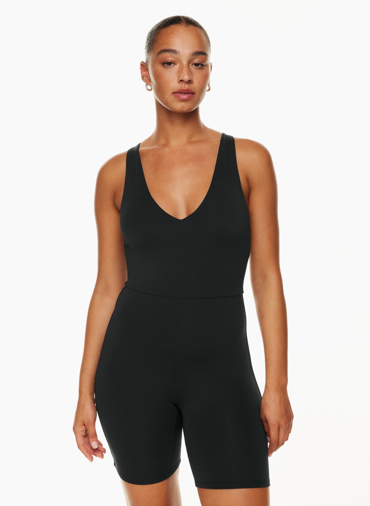 Slim Fit Black Leather Jumpsuit with Plunge V Neck