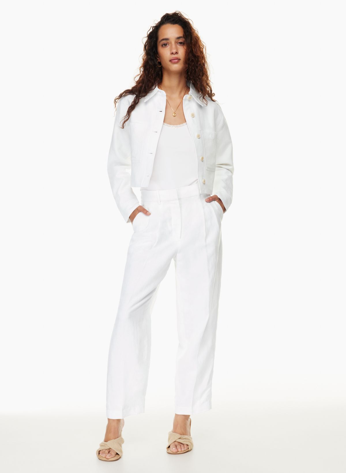 All white linen flat-front Wide leg cropped Pants