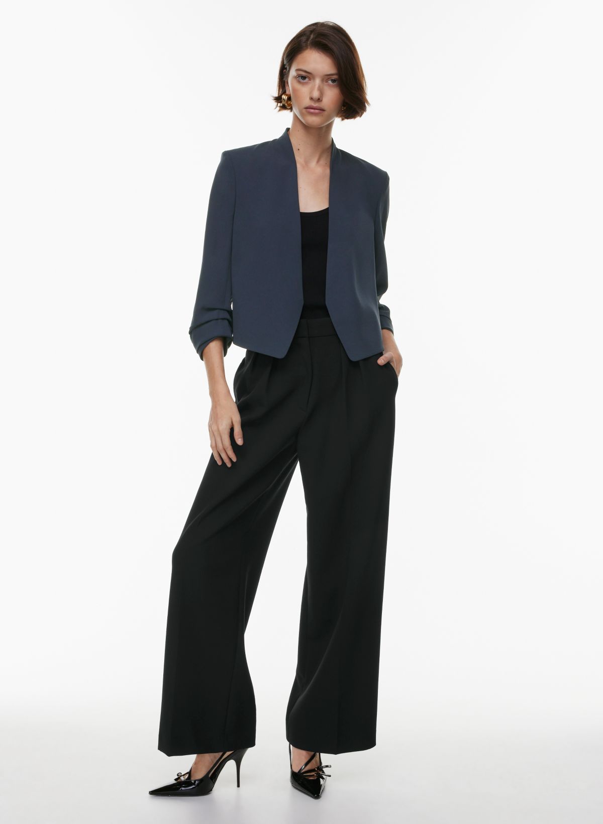 Black Bell Bottom Pants Suit Set With Blazer, Puffed Sleeve Blazer