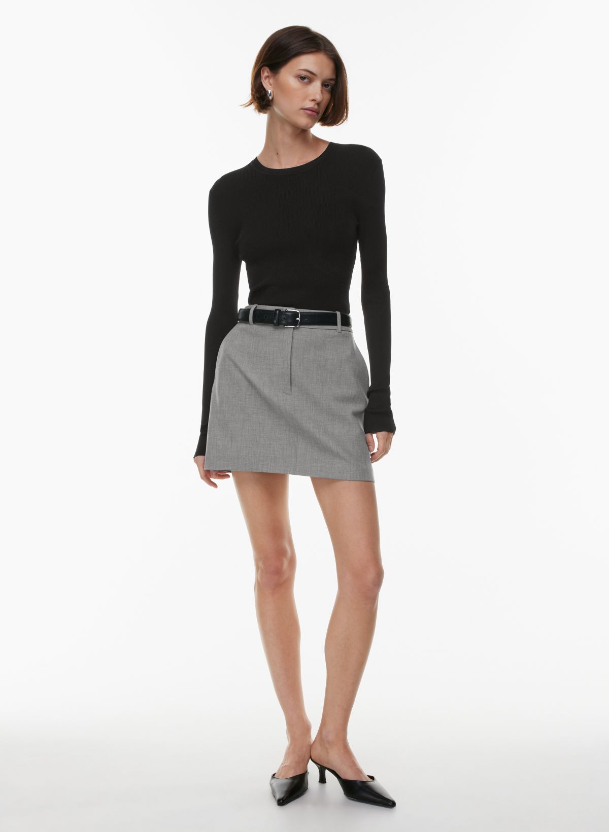 Grey skirt store and black top