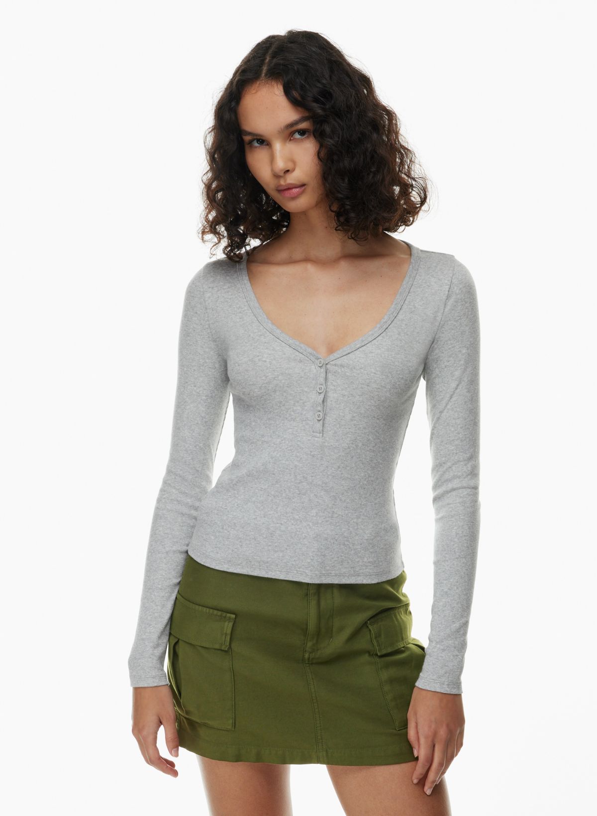 Cotton Rib Long Sleeve Cropped Henley