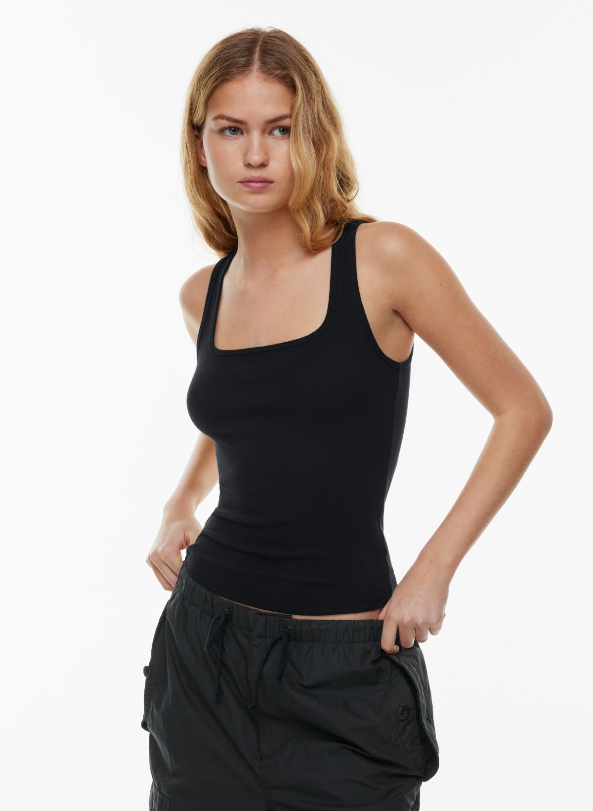 Ladies Black Tank Top Bodysuit Medium Cotton Scoop Back Stretch Basic  Fitted New