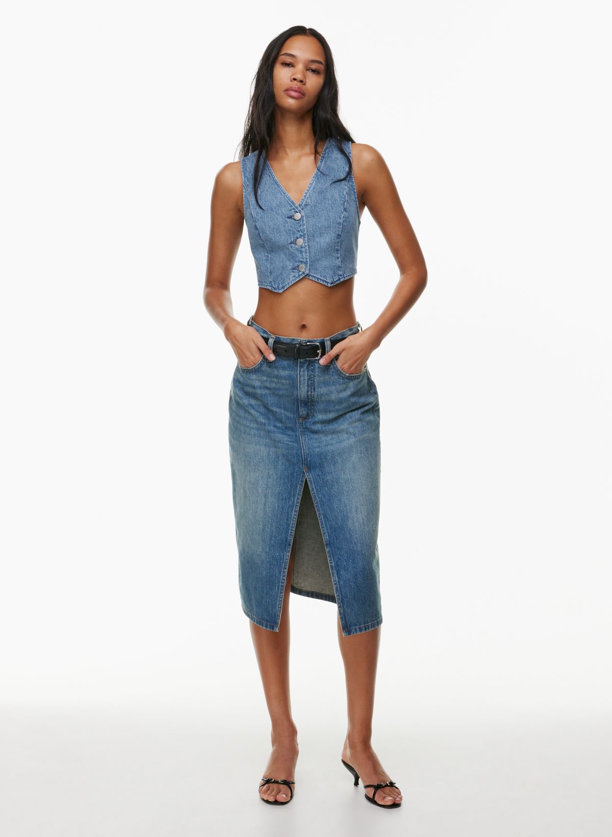 Knee length denim 2025 skirt 90s look