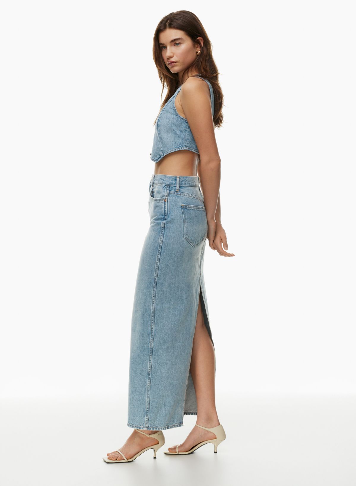 Cleaned Up High Rise Denim Midi Skirt