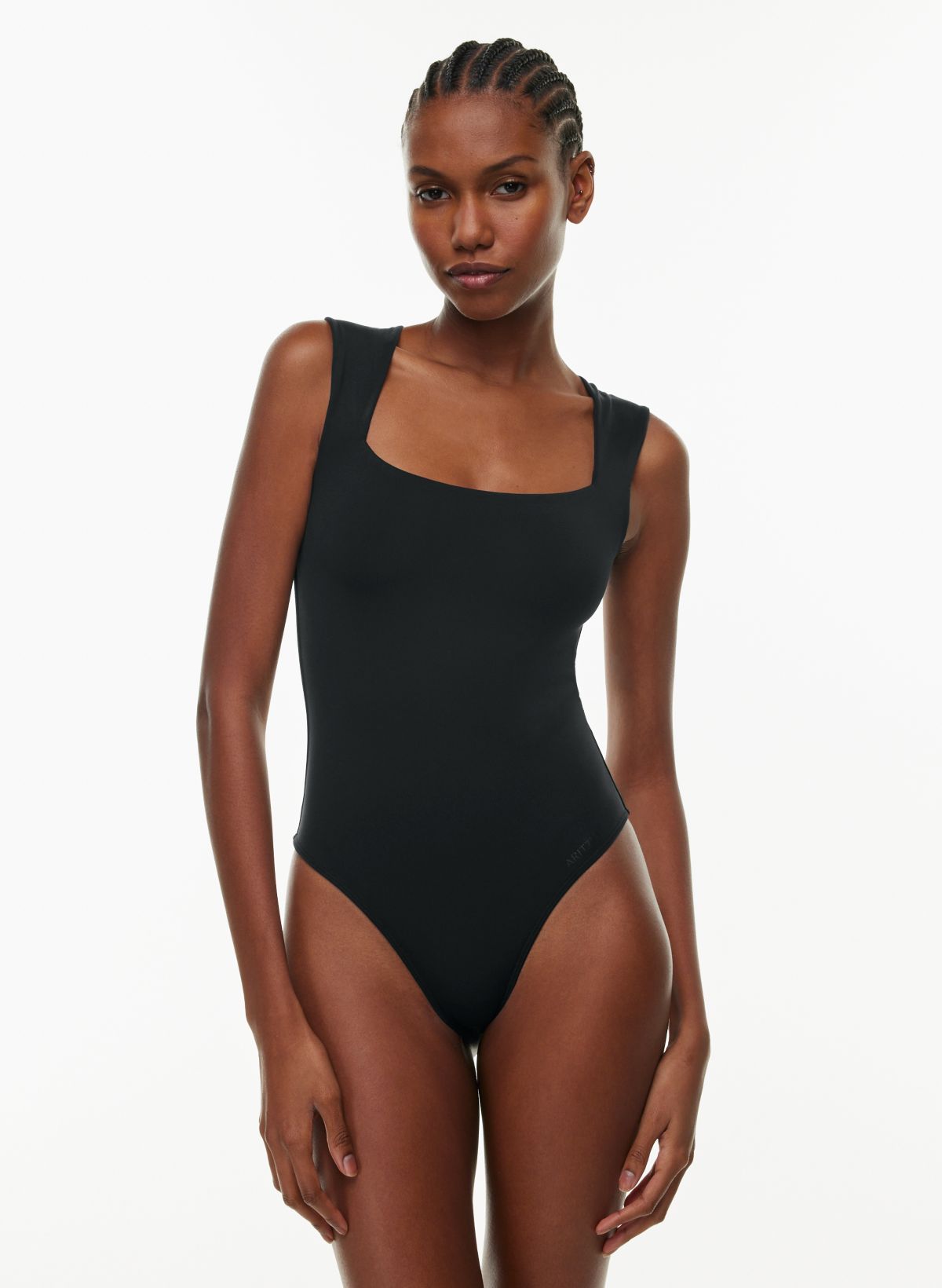 Black Structured Contour Rib Straight Neck Unitard, Black, £21.00